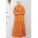 Çiçek Desenli Tesettür Elbise - Hardal