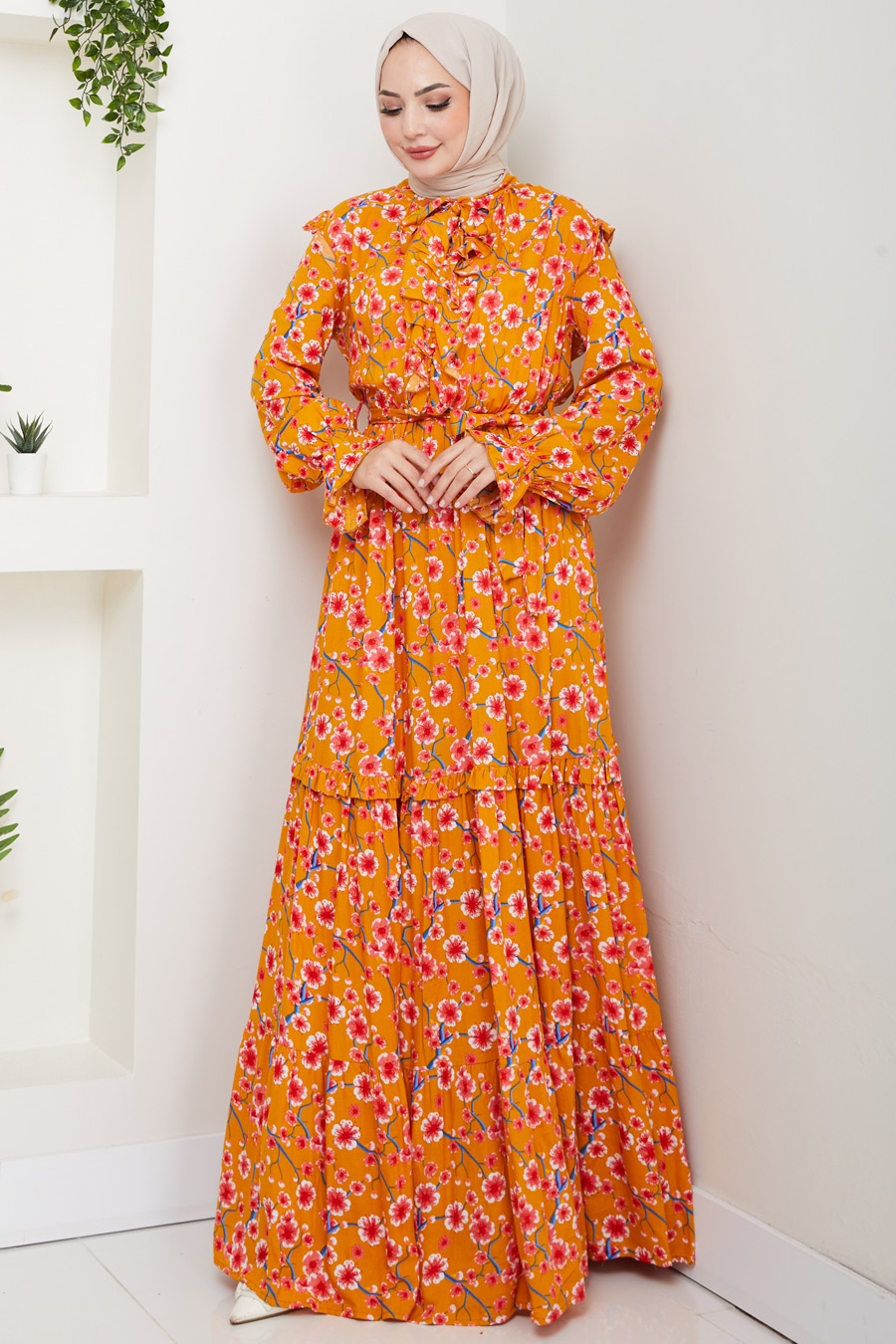 Çiçek Desenli Tesettür Elbise - Hardal