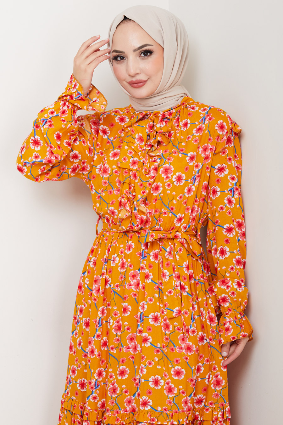 Çiçek Desenli Tesettür Elbise - Hardal