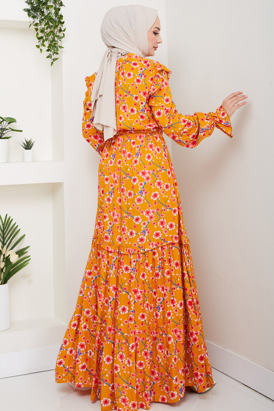 Çiçek Desenli Tesettür Elbise - Hardal