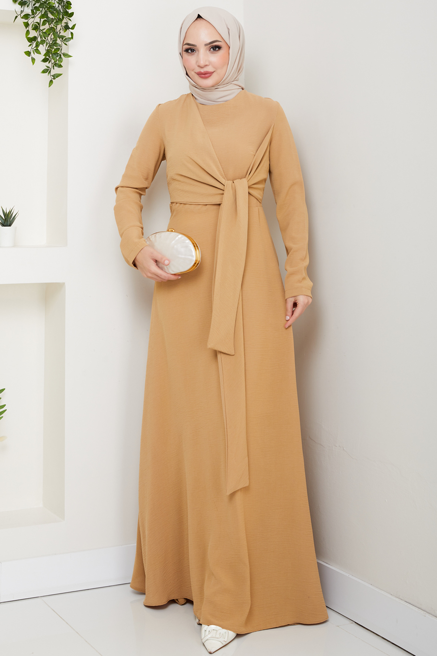 Bağlama Detaylı Tesettür Elbise - Bej 