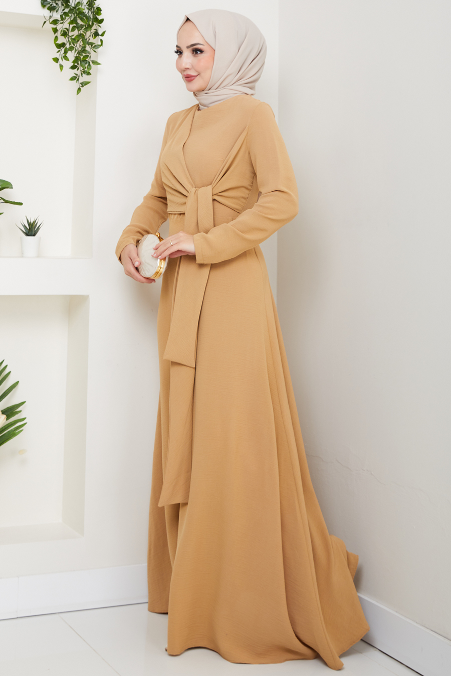 Bağlama Detaylı Tesettür Elbise - Bej 