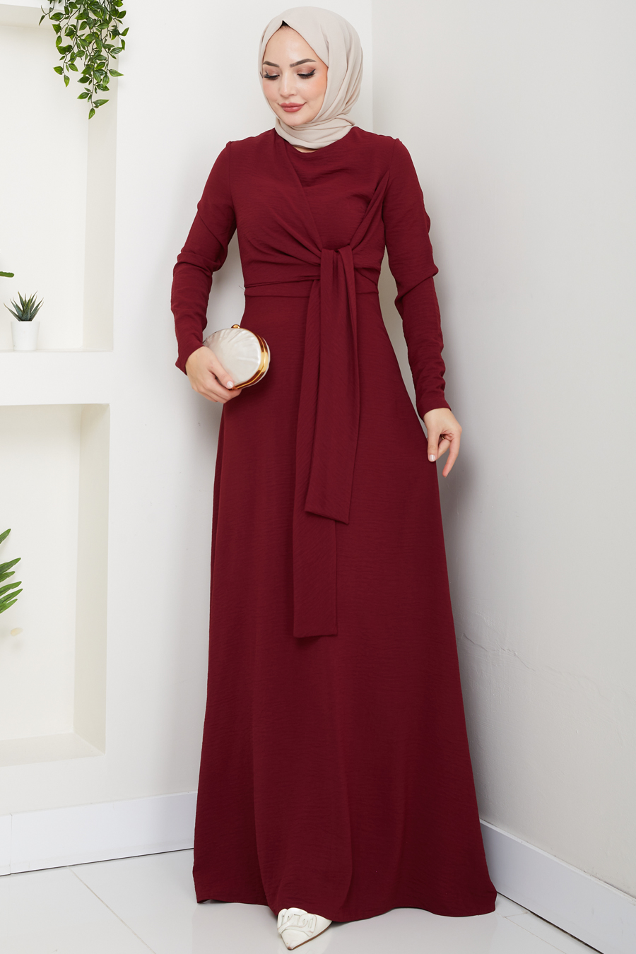 Bağlama Detaylı Tesettür Elbise - Bordo 