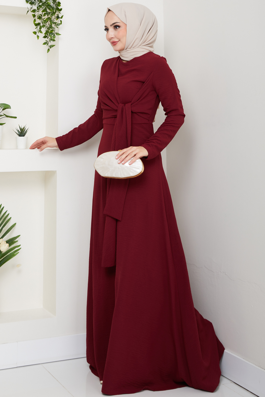 Bağlama Detaylı Tesettür Elbise - Bordo 