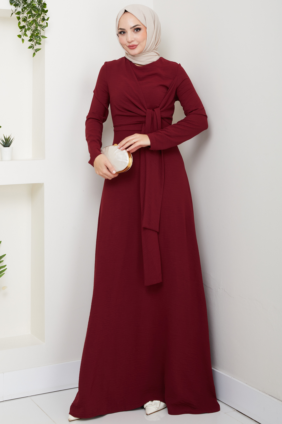 Bağlama Detaylı Tesettür Elbise - Bordo 