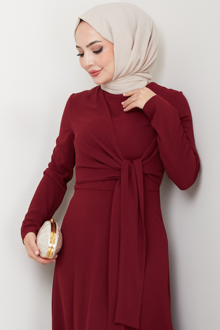 Bağlama Detaylı Tesettür Elbise - Bordo 