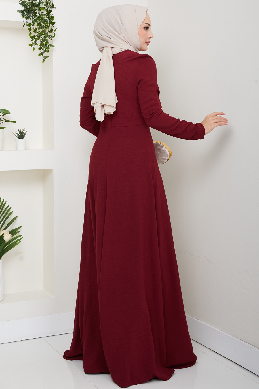 Bağlama Detaylı Tesettür Elbise - Bordo 