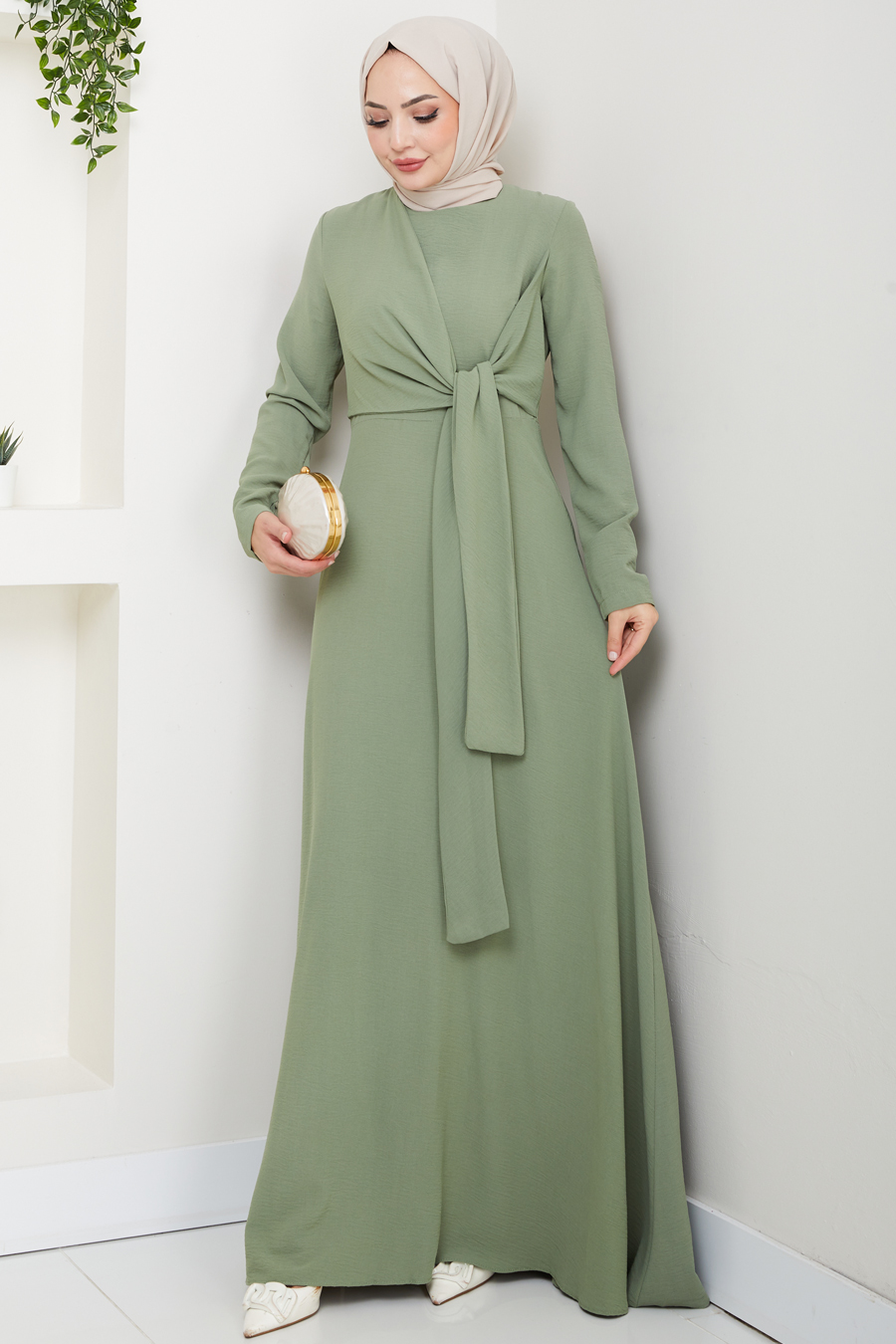 Bağlama Detaylı Tesettür Elbise - Mint 