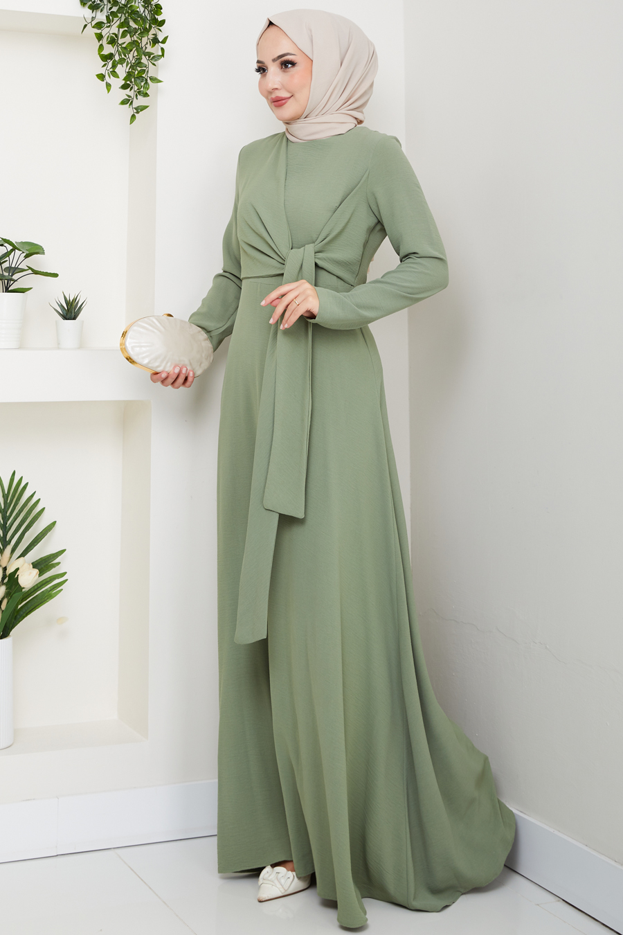 Bağlama Detaylı Tesettür Elbise - Mint 