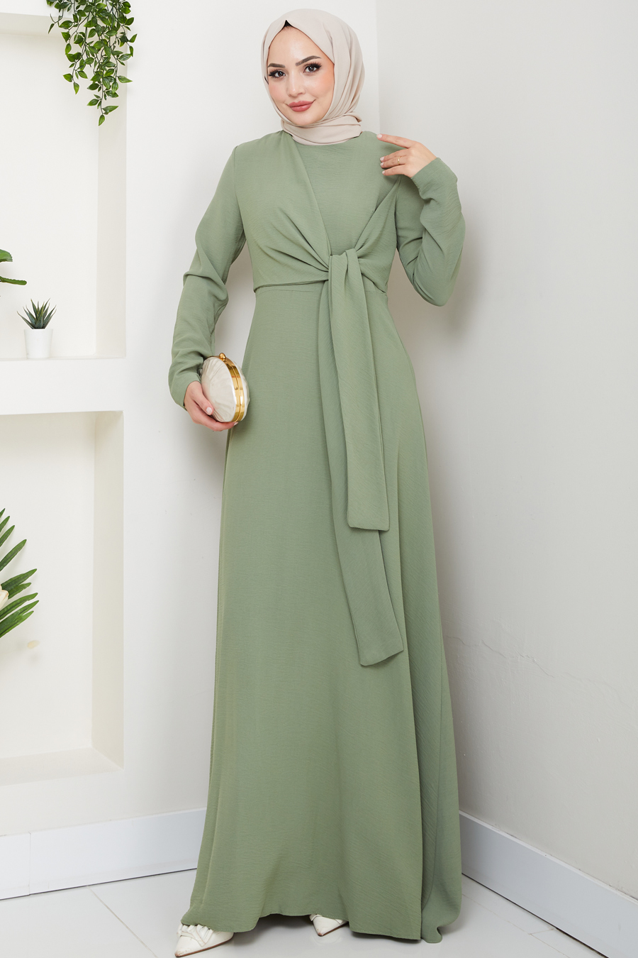 Bağlama Detaylı Tesettür Elbise - Mint 