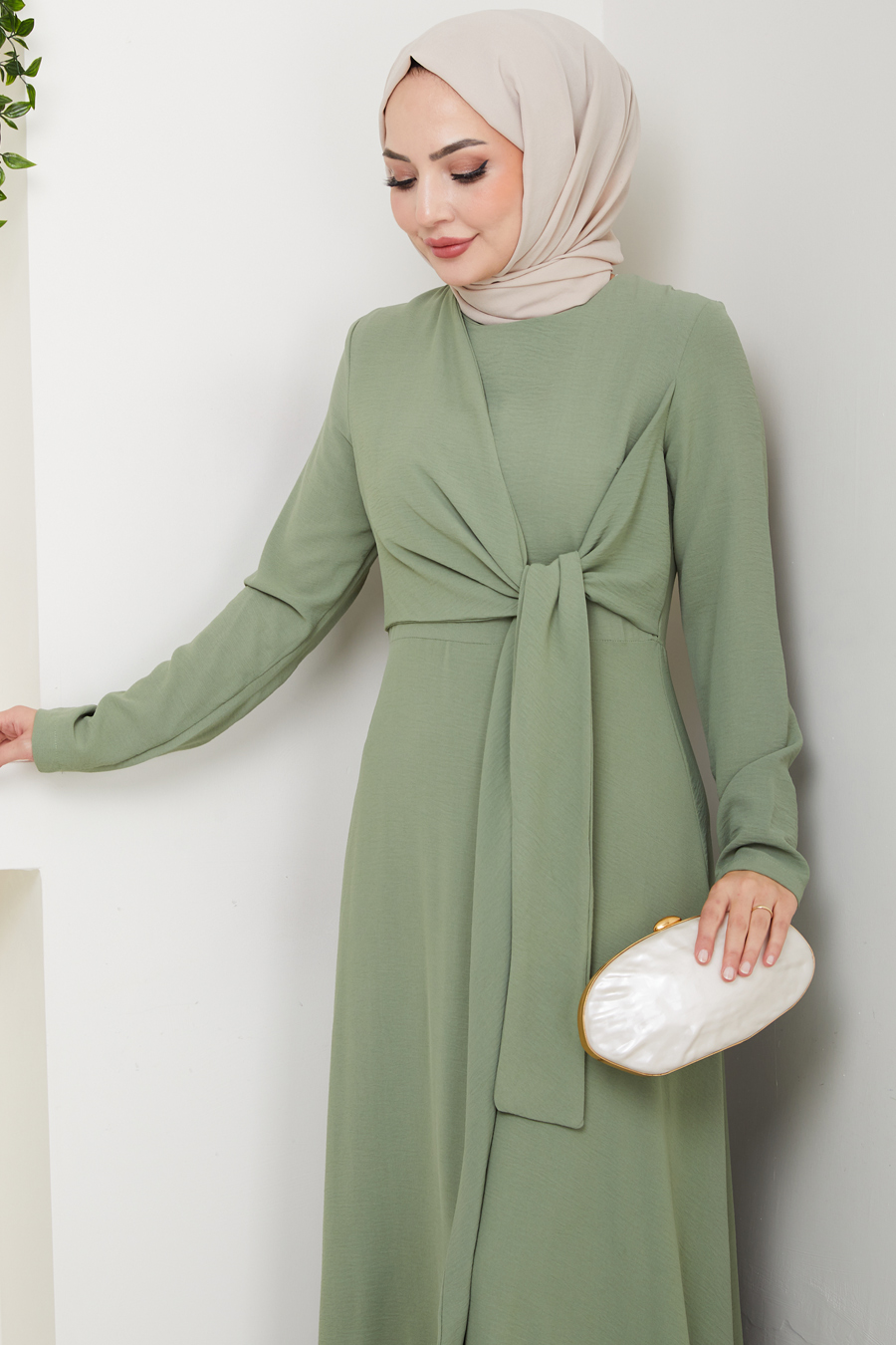 Bağlama Detaylı Tesettür Elbise - Mint 
