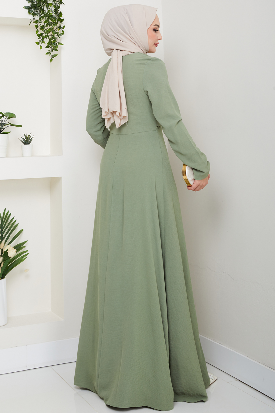 Bağlama Detaylı Tesettür Elbise - Mint 