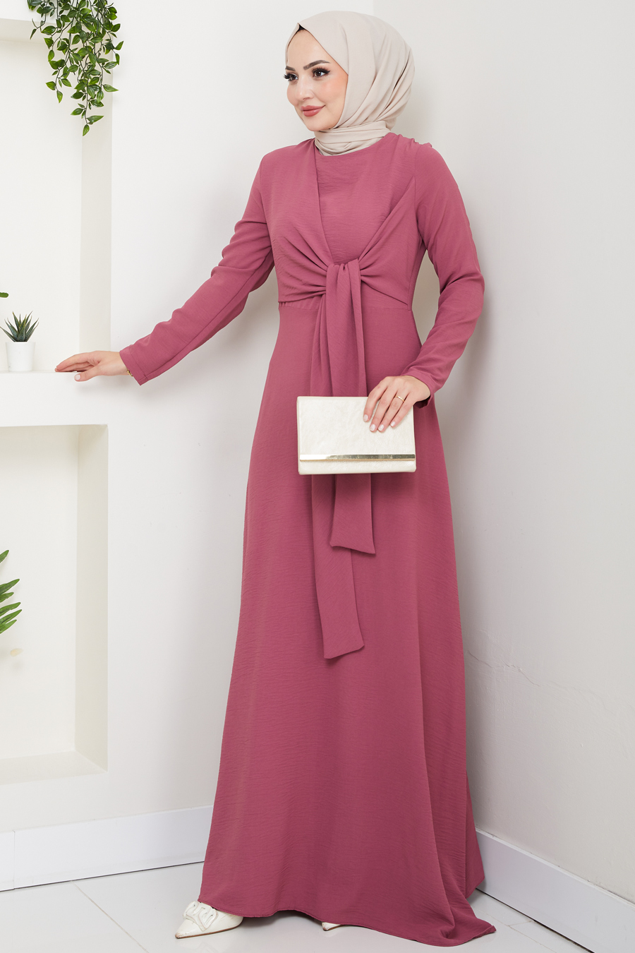 Bağlama Detaylı Tesettür Elbise - Gülkurusu  
