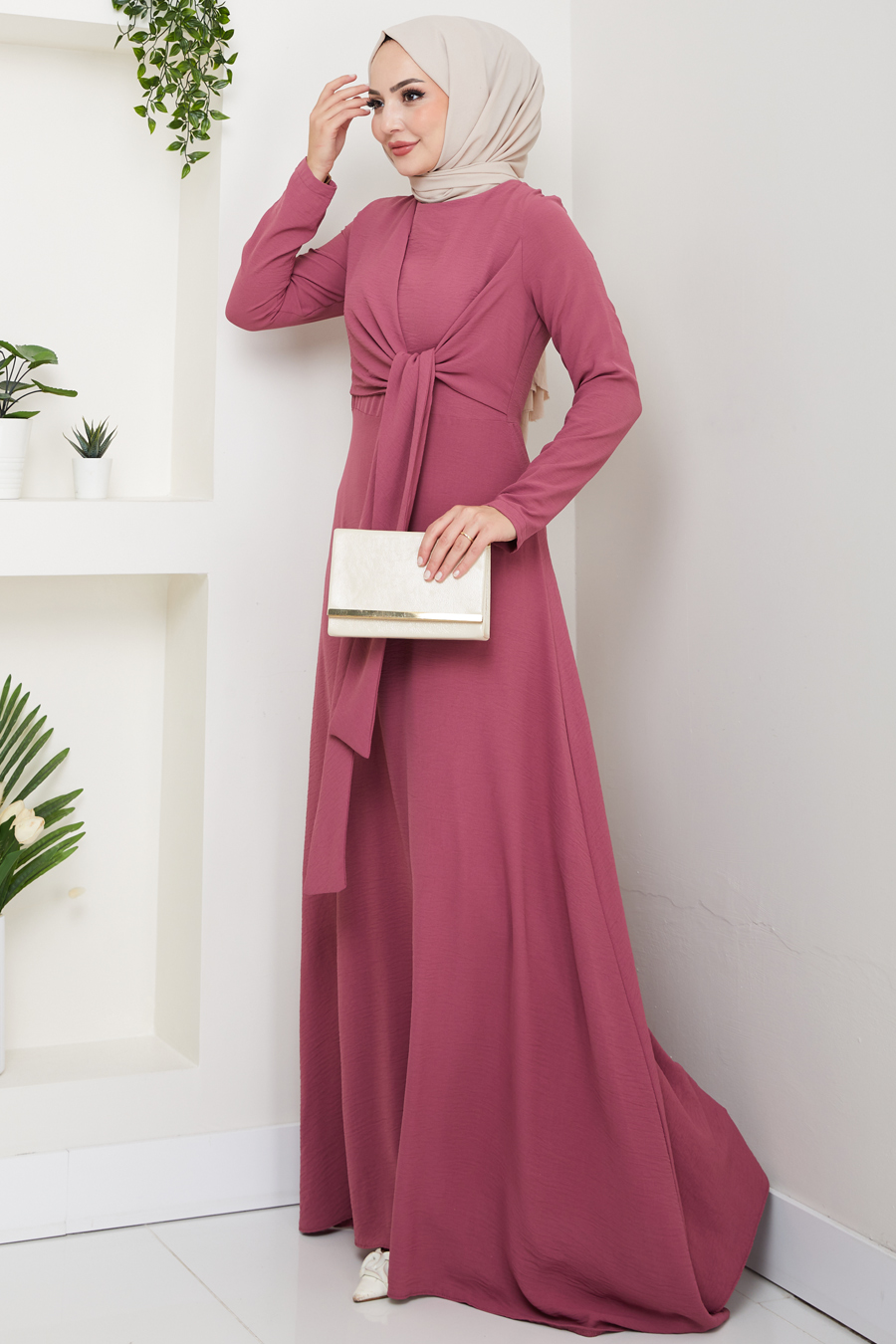 Bağlama Detaylı Tesettür Elbise - Gülkurusu  