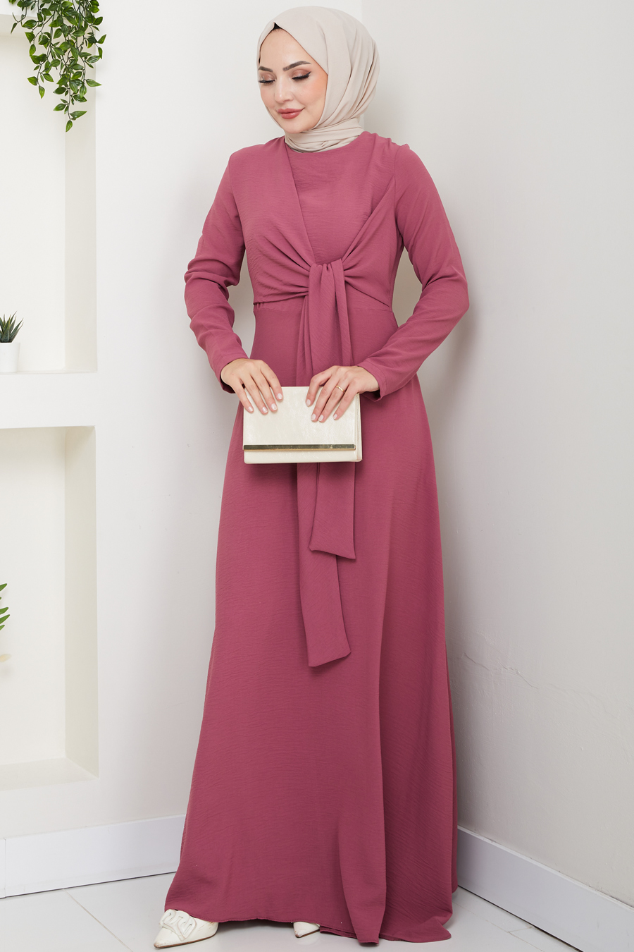 Bağlama Detaylı Tesettür Elbise - Gülkurusu  