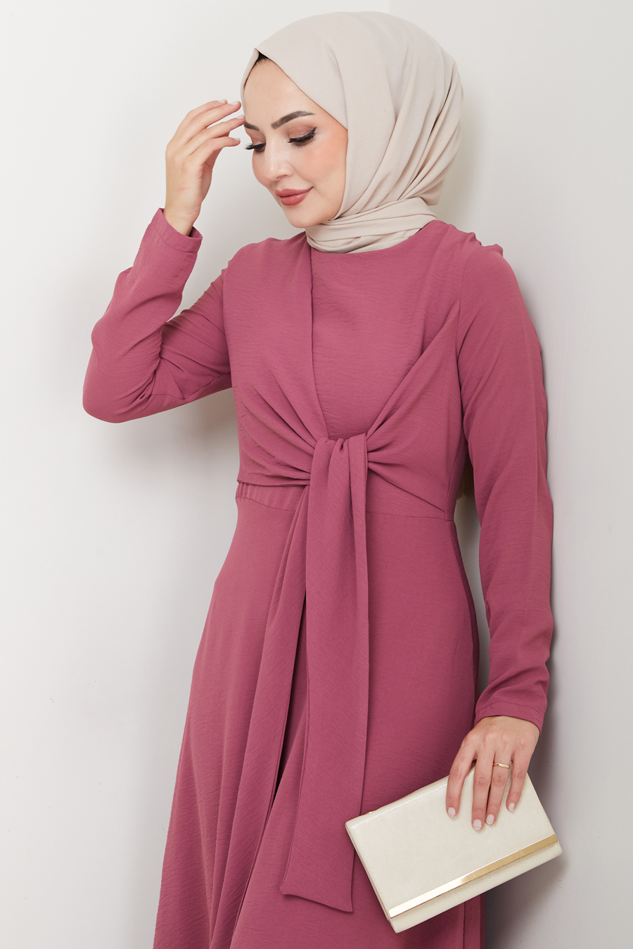 Bağlama Detaylı Tesettür Elbise - Gülkurusu  