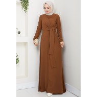 Bağlama Detaylı Tesettür Elbise - Taba 