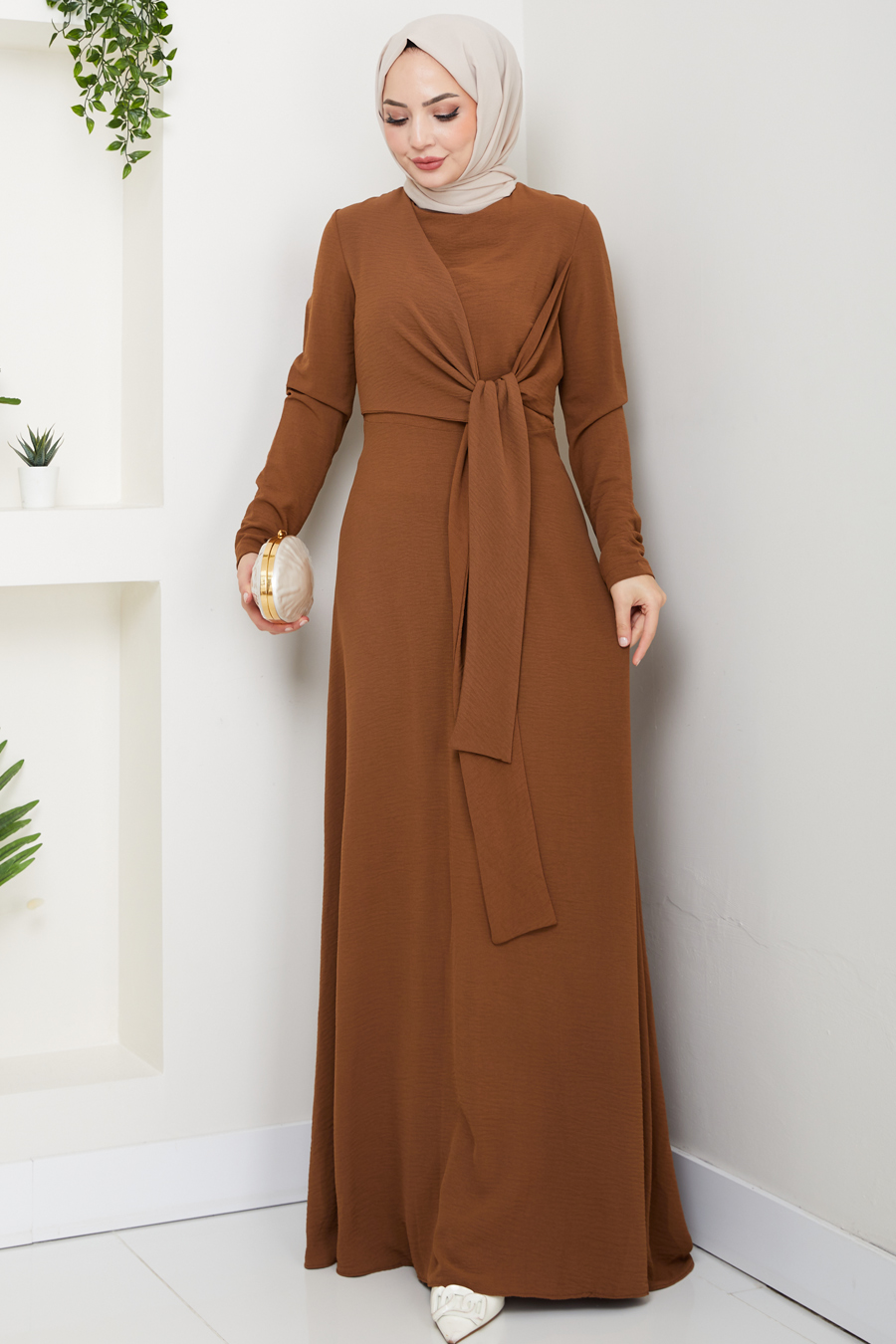 Bağlama Detaylı Tesettür Elbise - Taba 