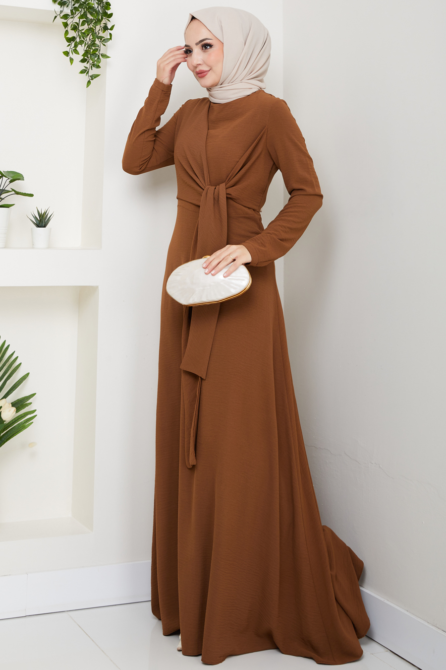 Bağlama Detaylı Tesettür Elbise - Taba 