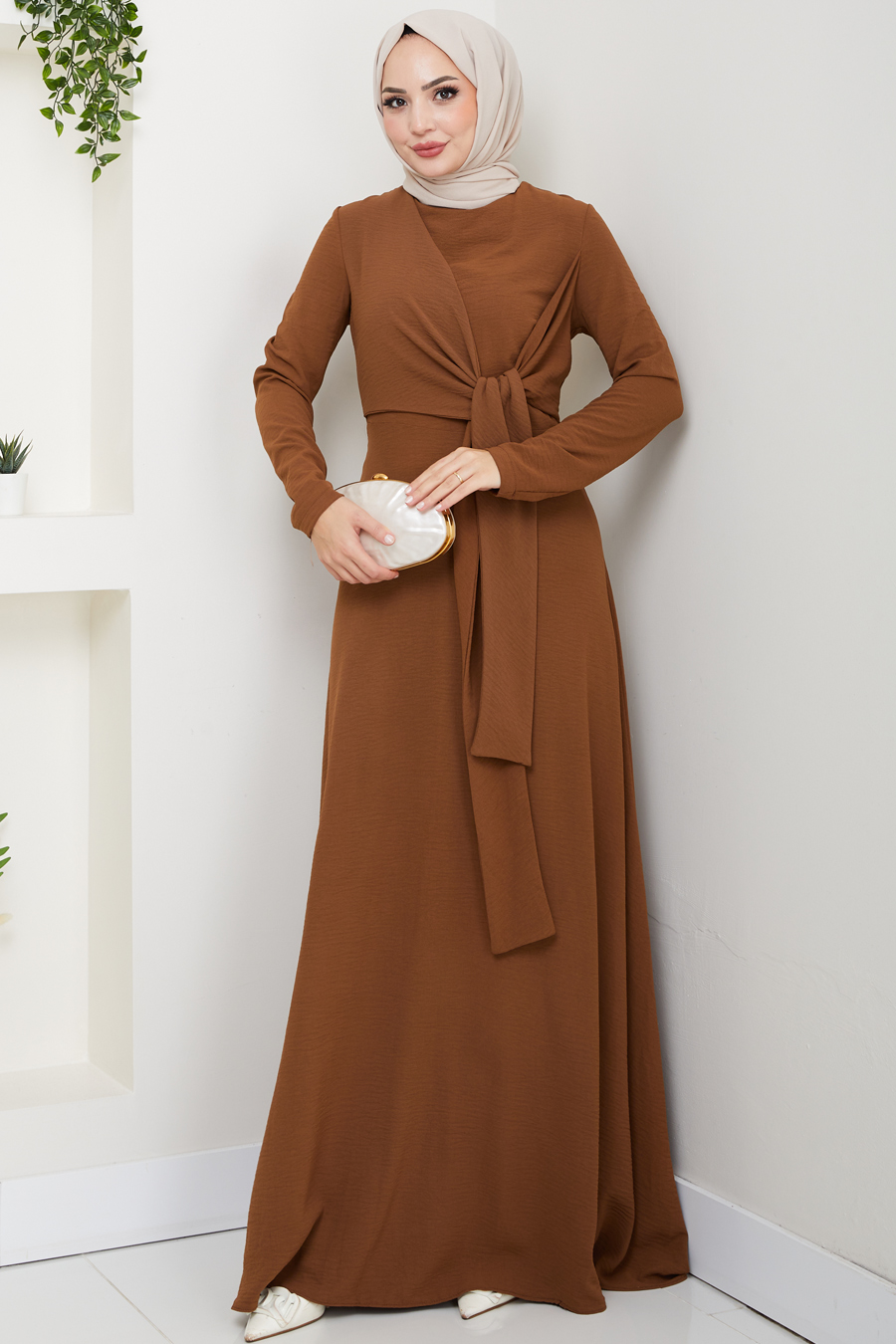 Bağlama Detaylı Tesettür Elbise - Taba 