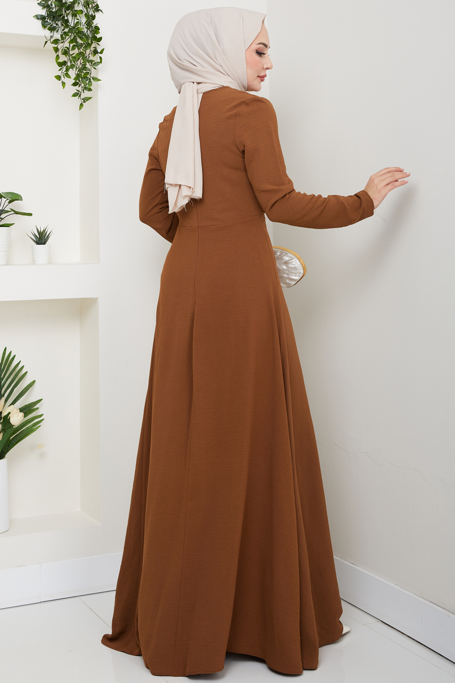 Bağlama Detaylı Tesettür Elbise - Taba 