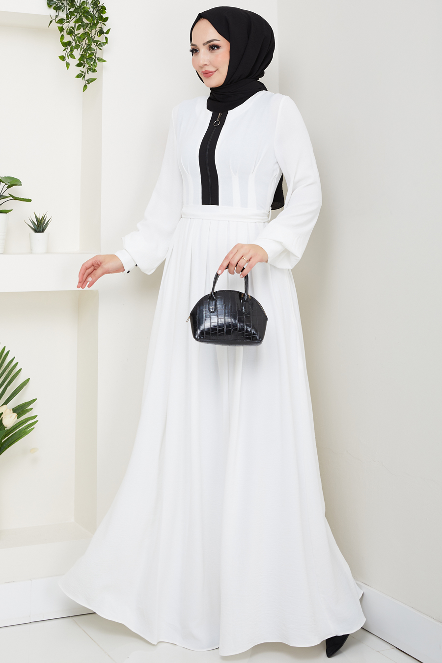 Fermuar Detaylı Tesettür Elbise - BEYAZ