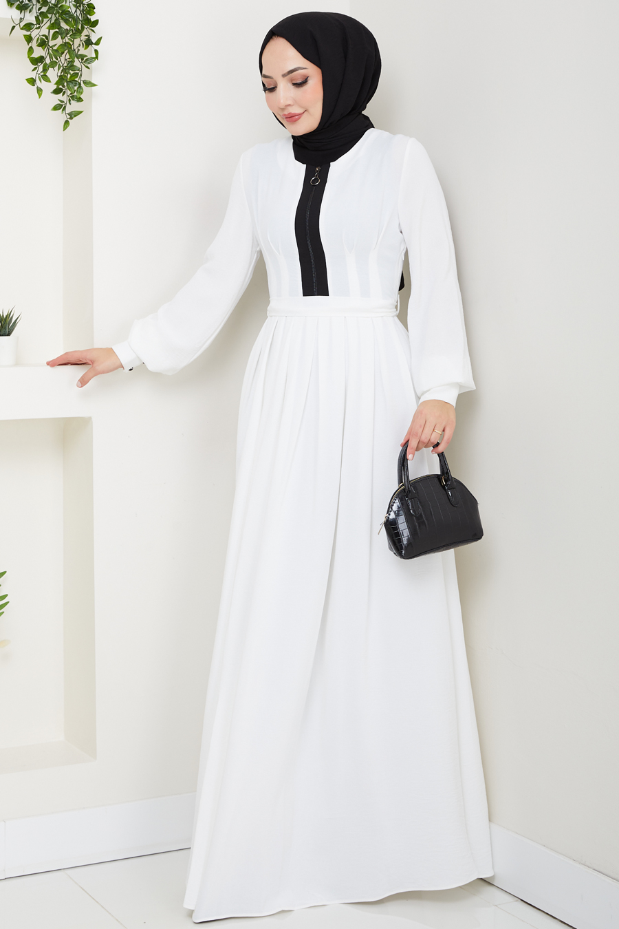 Fermuar Detaylı Tesettür Elbise - BEYAZ