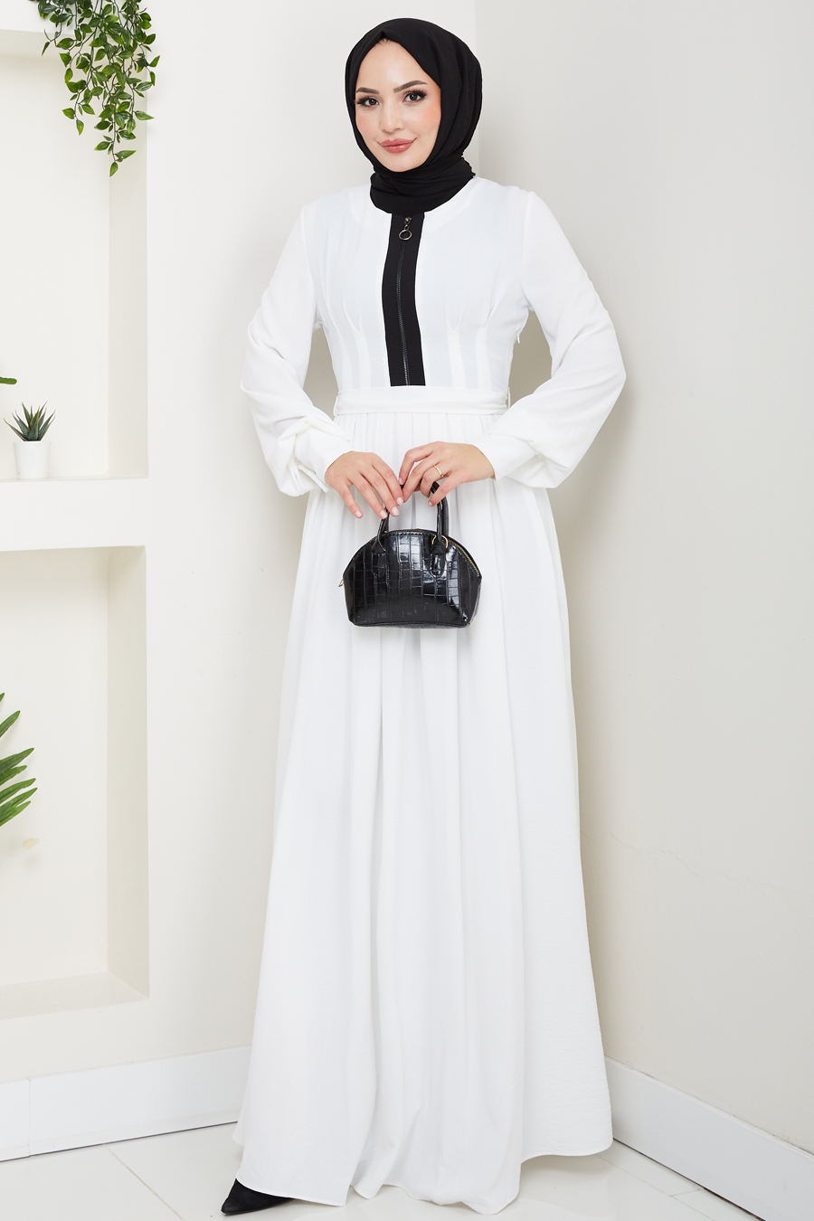 Fermuar Detaylı Tesettür Elbise - BEYAZ