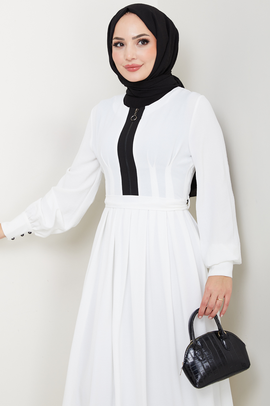 Fermuar Detaylı Tesettür Elbise - BEYAZ