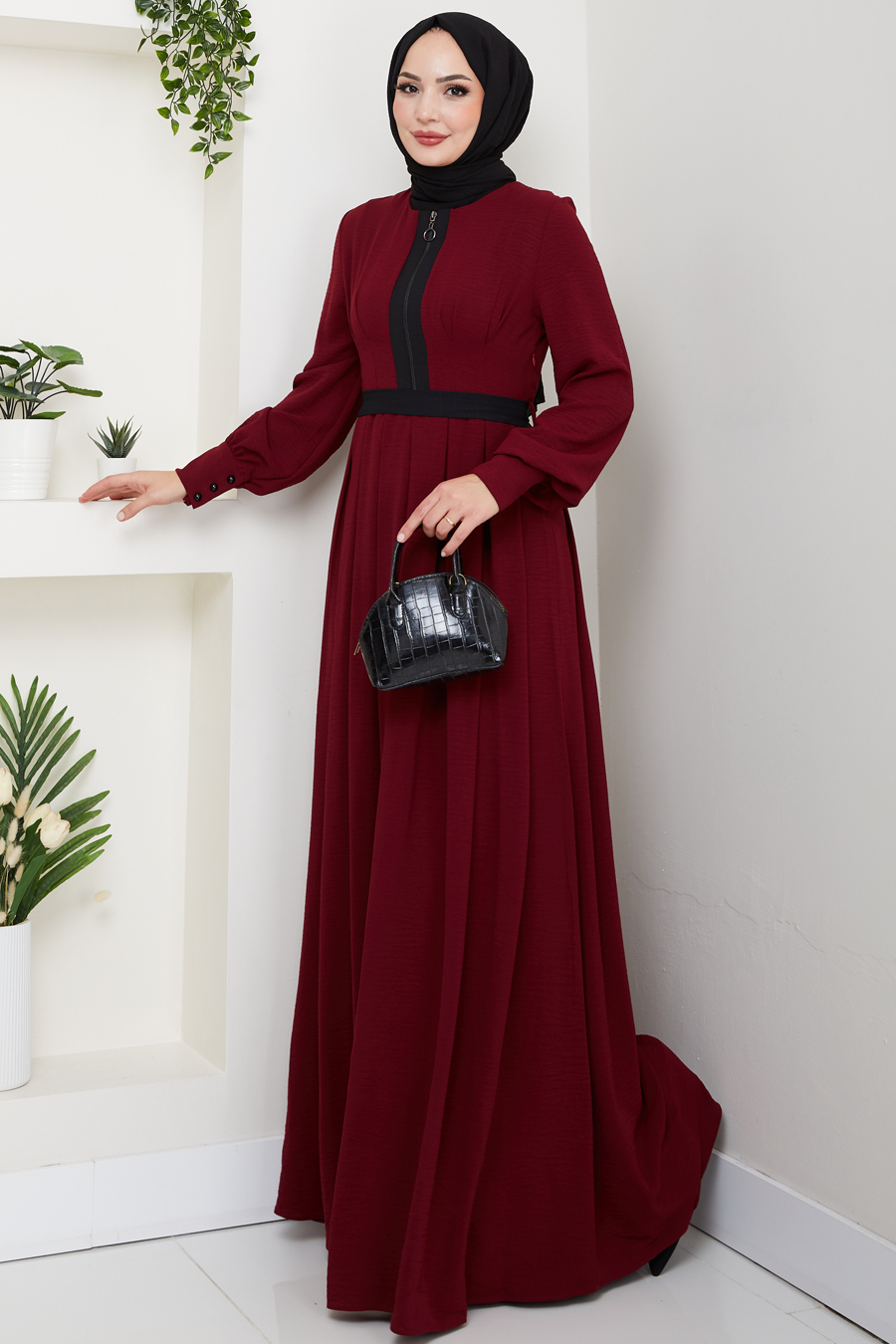 Fermuar Detaylı Tesettür Elbise - Bordo 