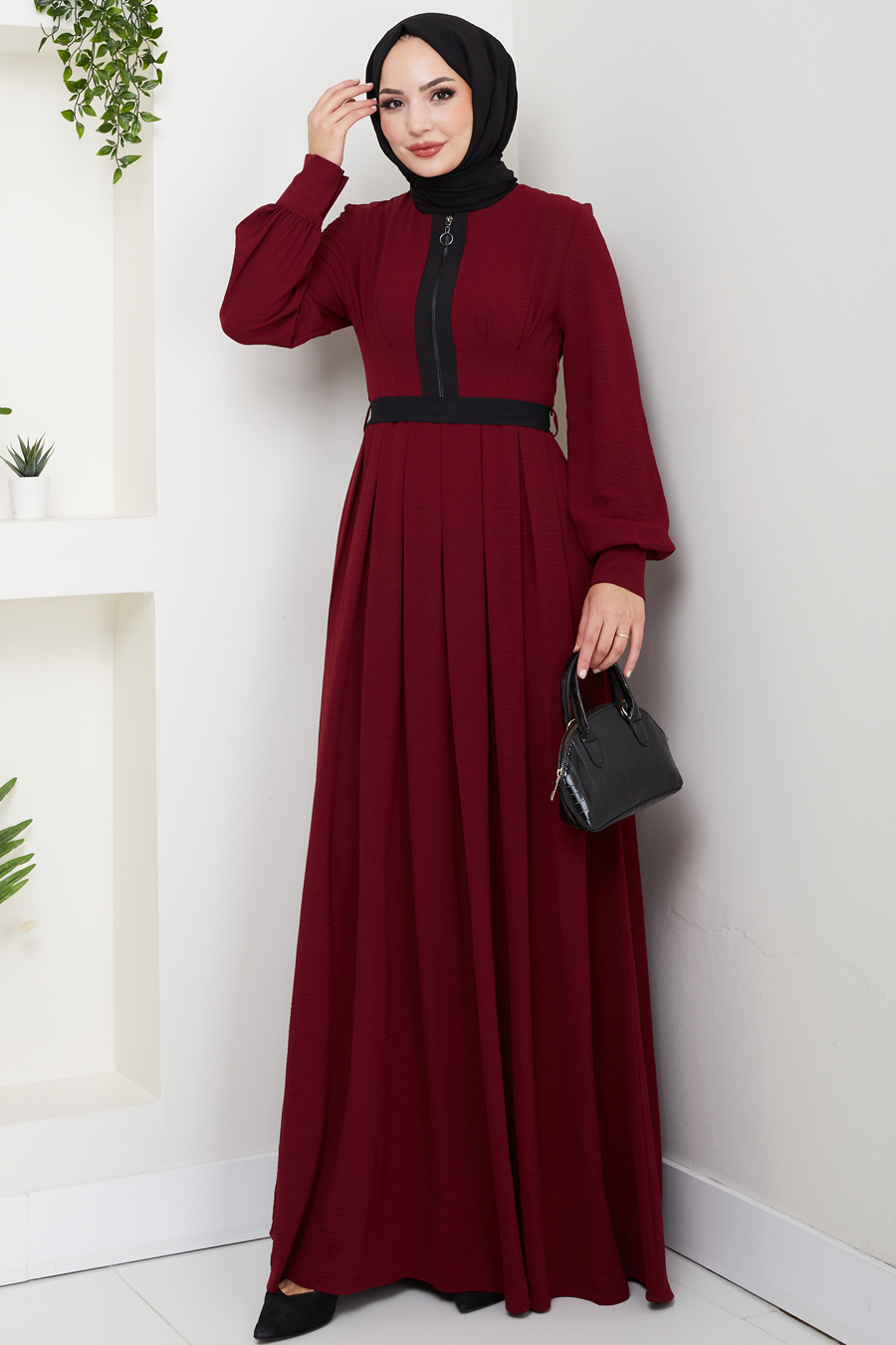 Fermuar Detaylı Tesettür Elbise - Bordo 