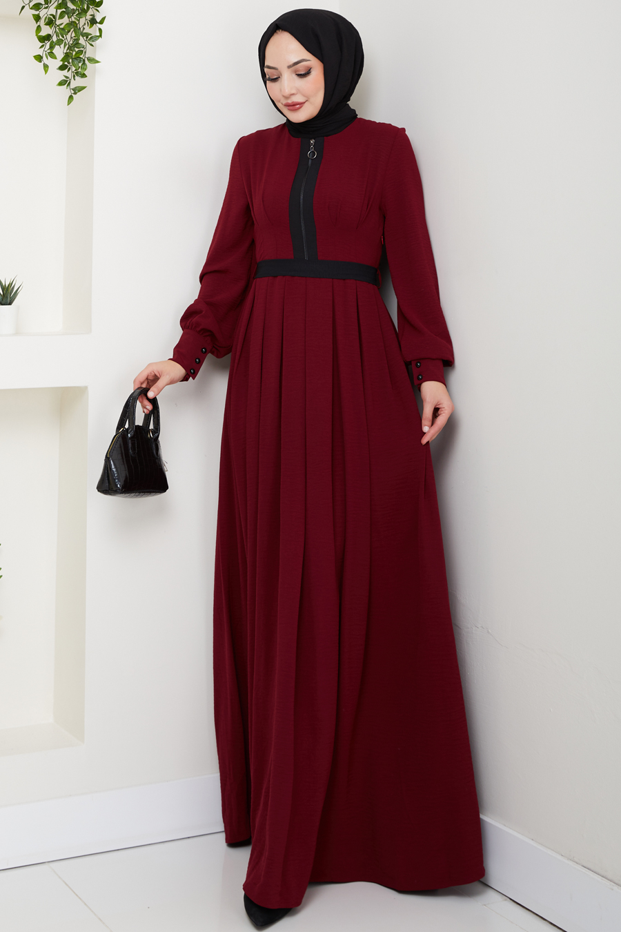 Fermuar Detaylı Tesettür Elbise - Bordo 