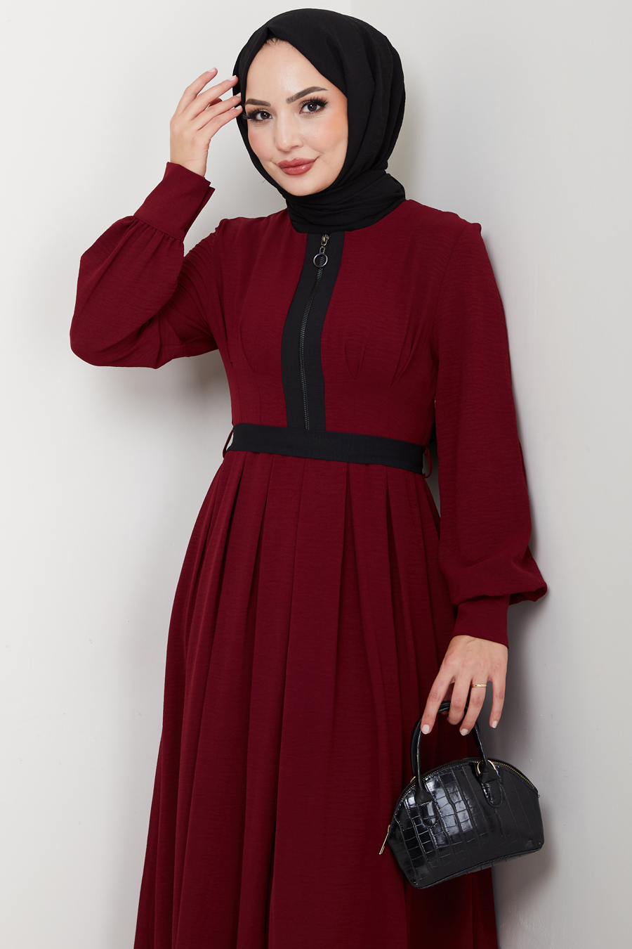 Fermuar Detaylı Tesettür Elbise - Bordo 