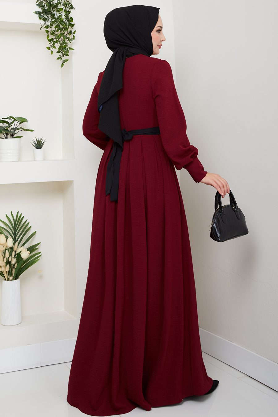 Fermuar Detaylı Tesettür Elbise - Bordo 