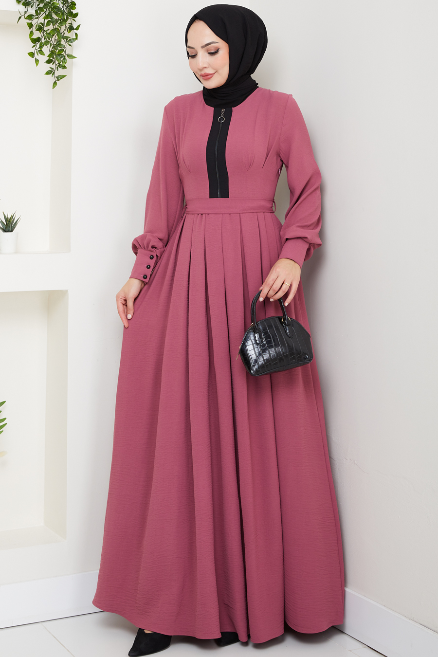 Fermuar Detaylı Tesettür Elbise - Gülkurusu 