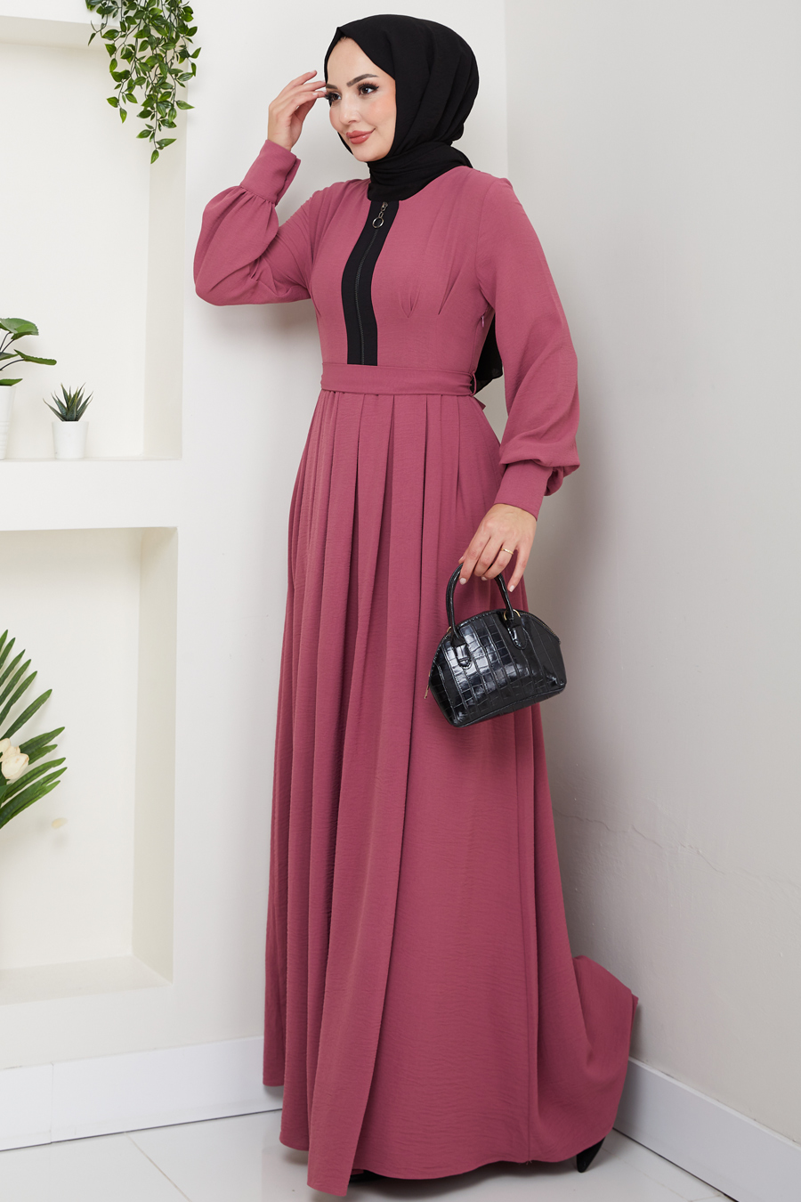 Fermuar Detaylı Tesettür Elbise - Gülkurusu 