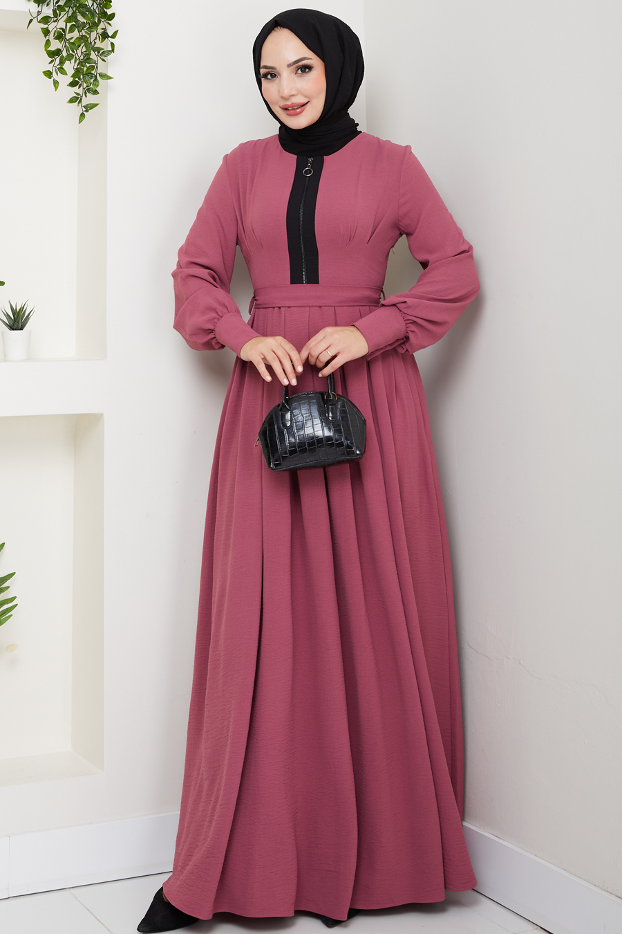Fermuar Detaylı Tesettür Elbise - Gülkurusu 