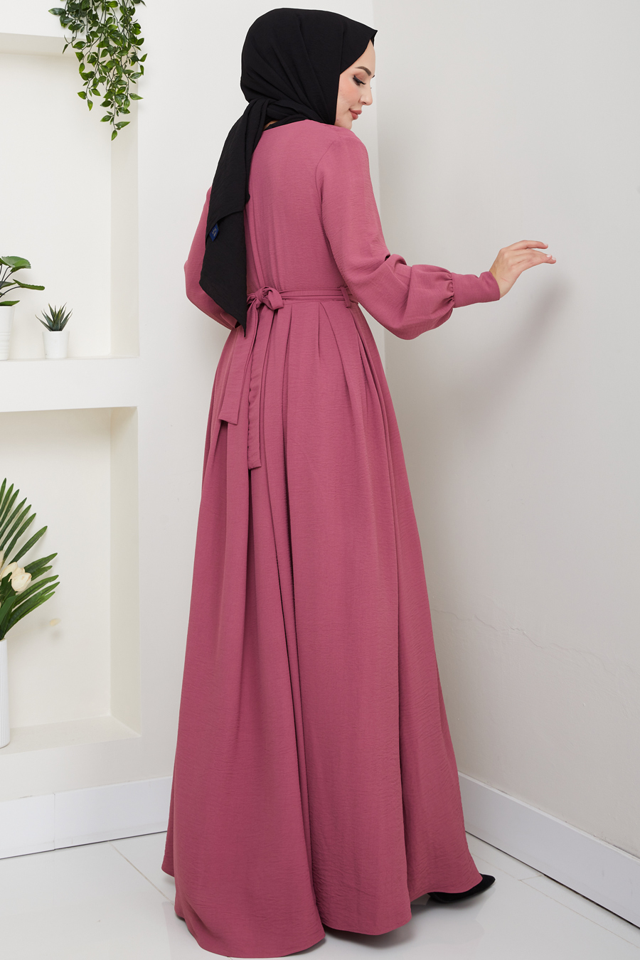 Fermuar Detaylı Tesettür Elbise - Gülkurusu 