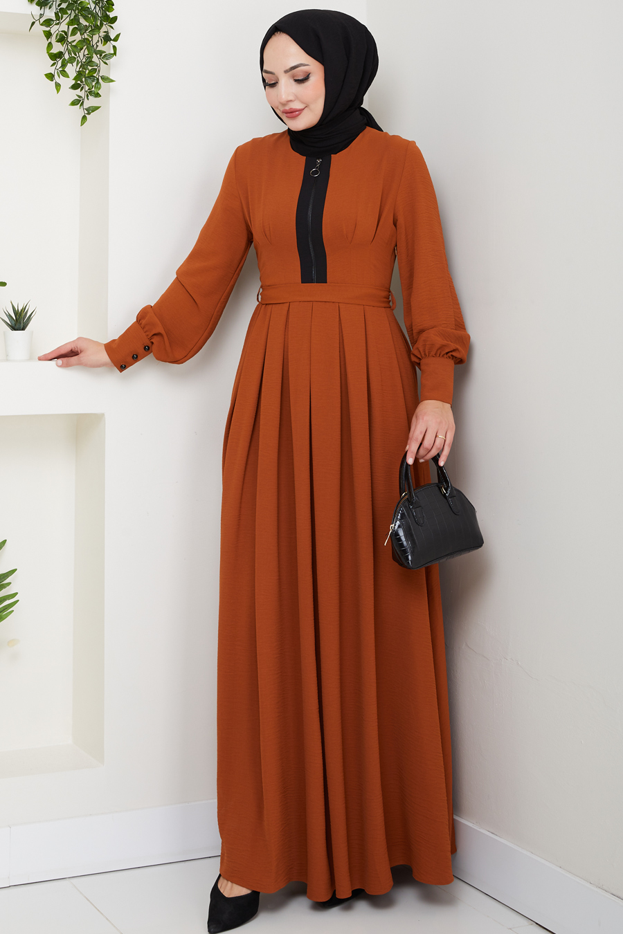 Fermuar Detaylı Tesettür Elbise - Kiremit