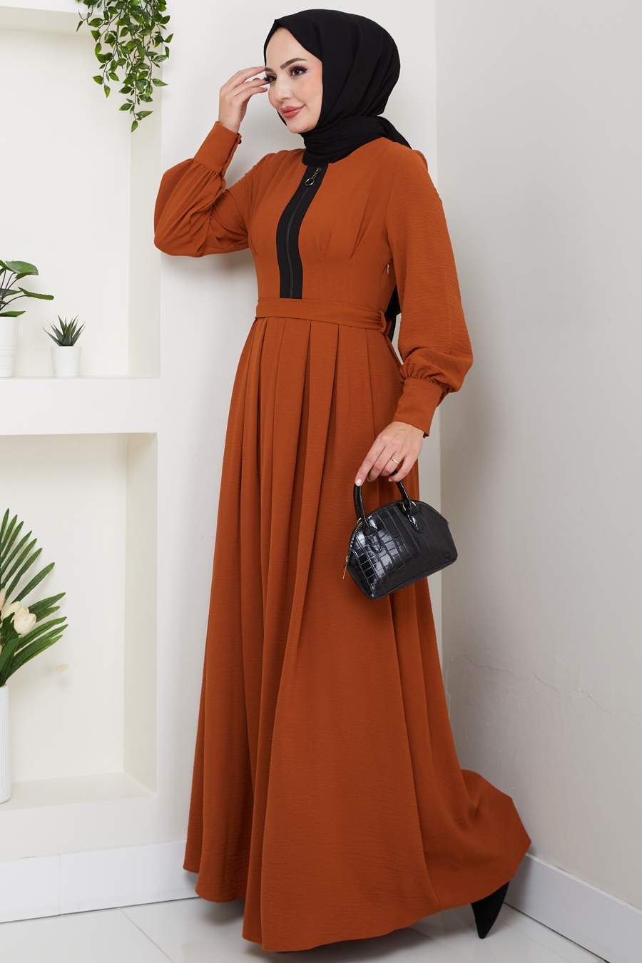 Fermuar Detaylı Tesettür Elbise - Kiremit