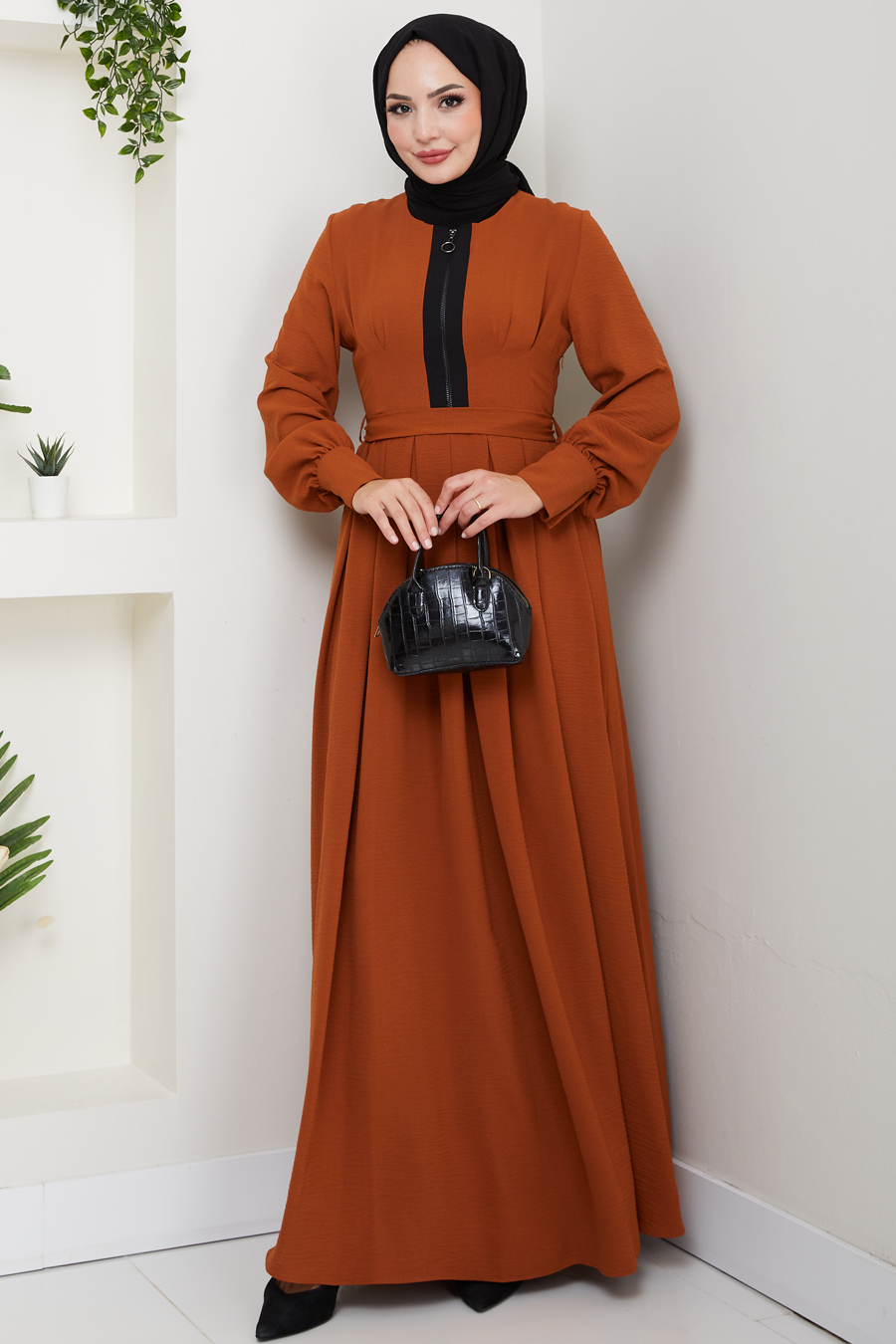 Fermuar Detaylı Tesettür Elbise - Kiremit