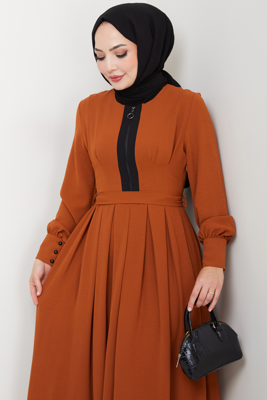 Fermuar Detaylı Tesettür Elbise - Kiremit
