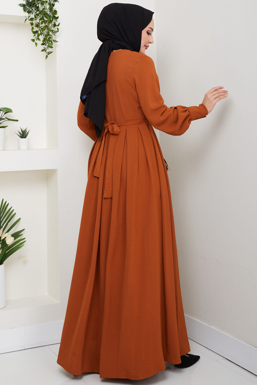 Fermuar Detaylı Tesettür Elbise - Kiremit