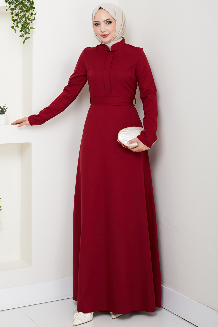 A Kesim Tesettür Elbise - Bordo 