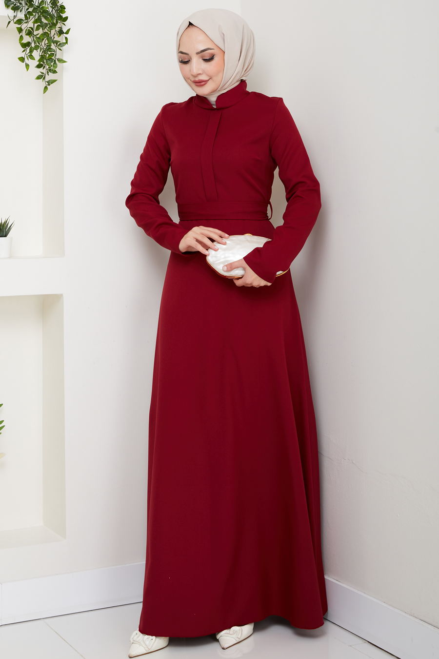 A Kesim Tesettür Elbise - Bordo 