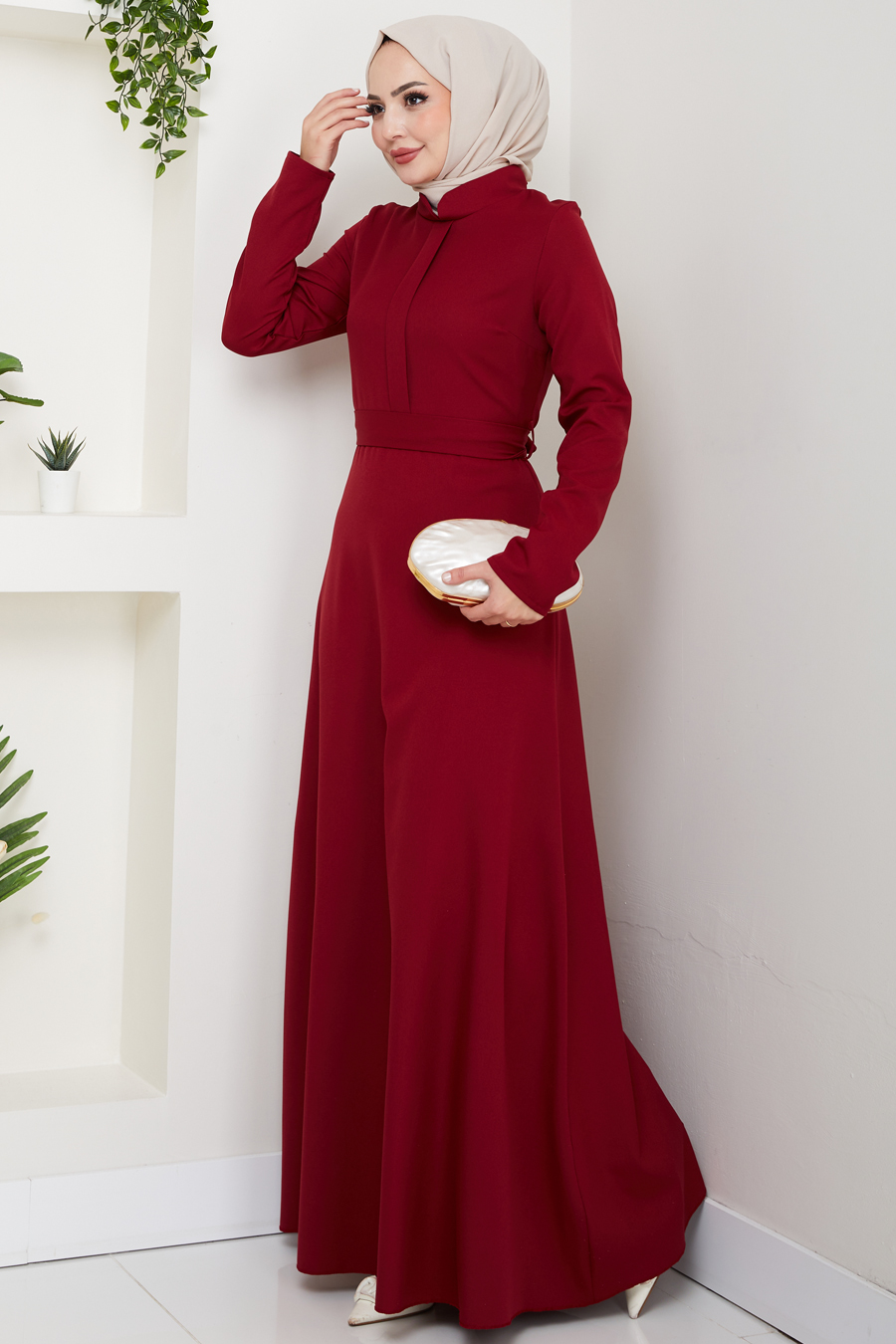 A Kesim Tesettür Elbise - Bordo 