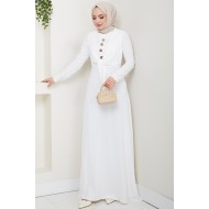Bağlama Detaylı Tesettür Elbise -BEYAZ