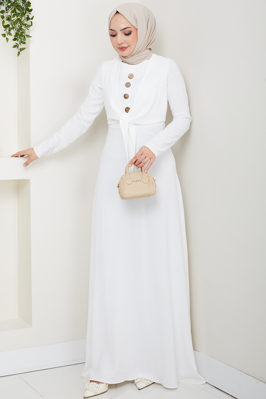Bağlama Detaylı Tesettür Elbise -BEYAZ