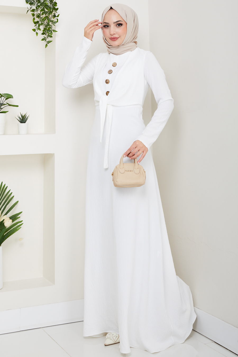 Bağlama Detaylı Tesettür Elbise -BEYAZ
