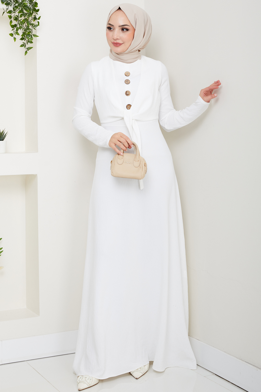 Bağlama Detaylı Tesettür Elbise -BEYAZ